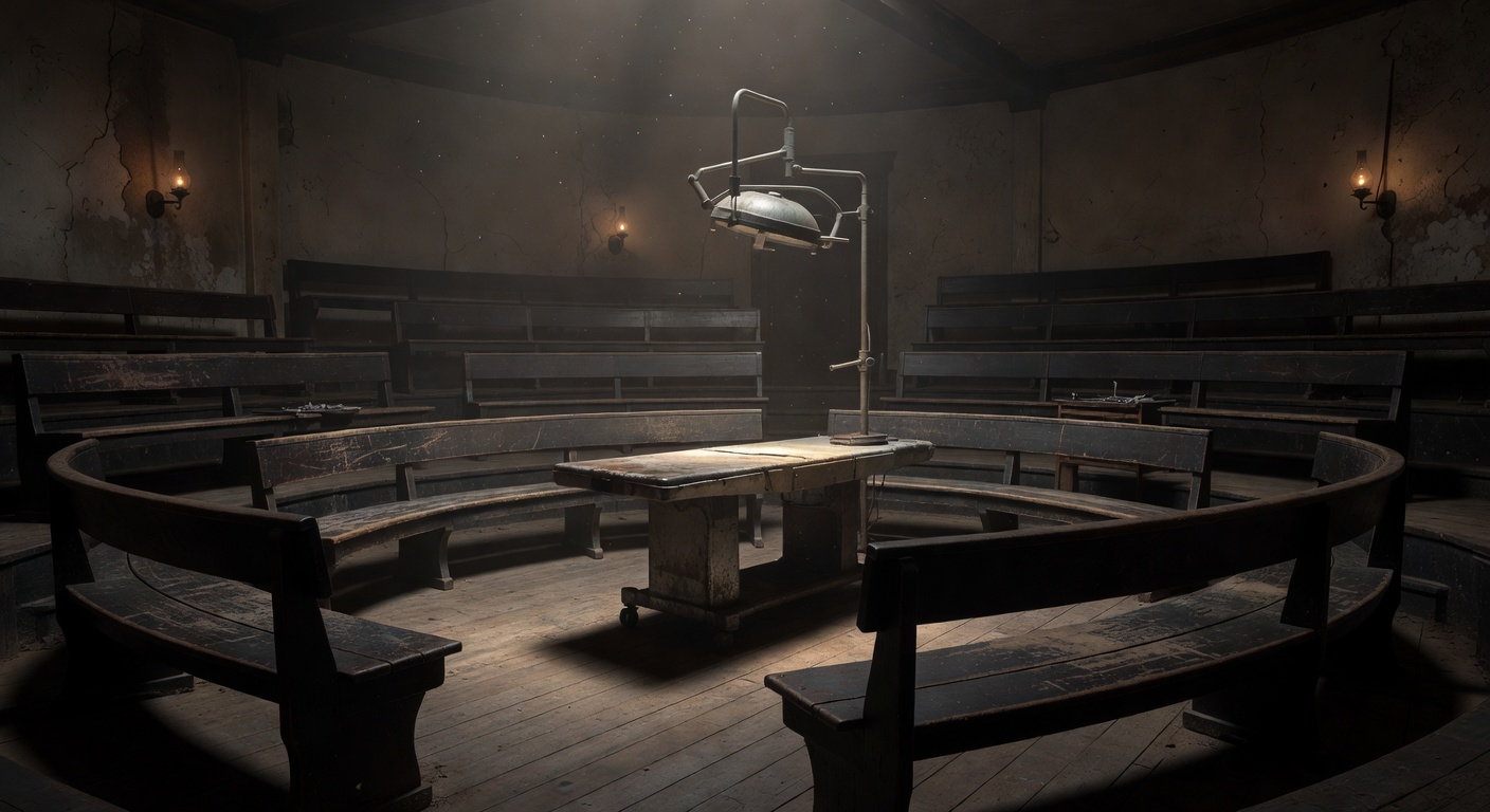 Atmospheric view of an old surgical theatre with wooden benches and dim lighting