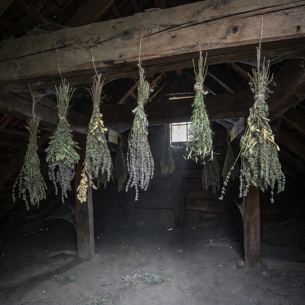Dried herbs hanging from ancient wooden beams in a dim attic