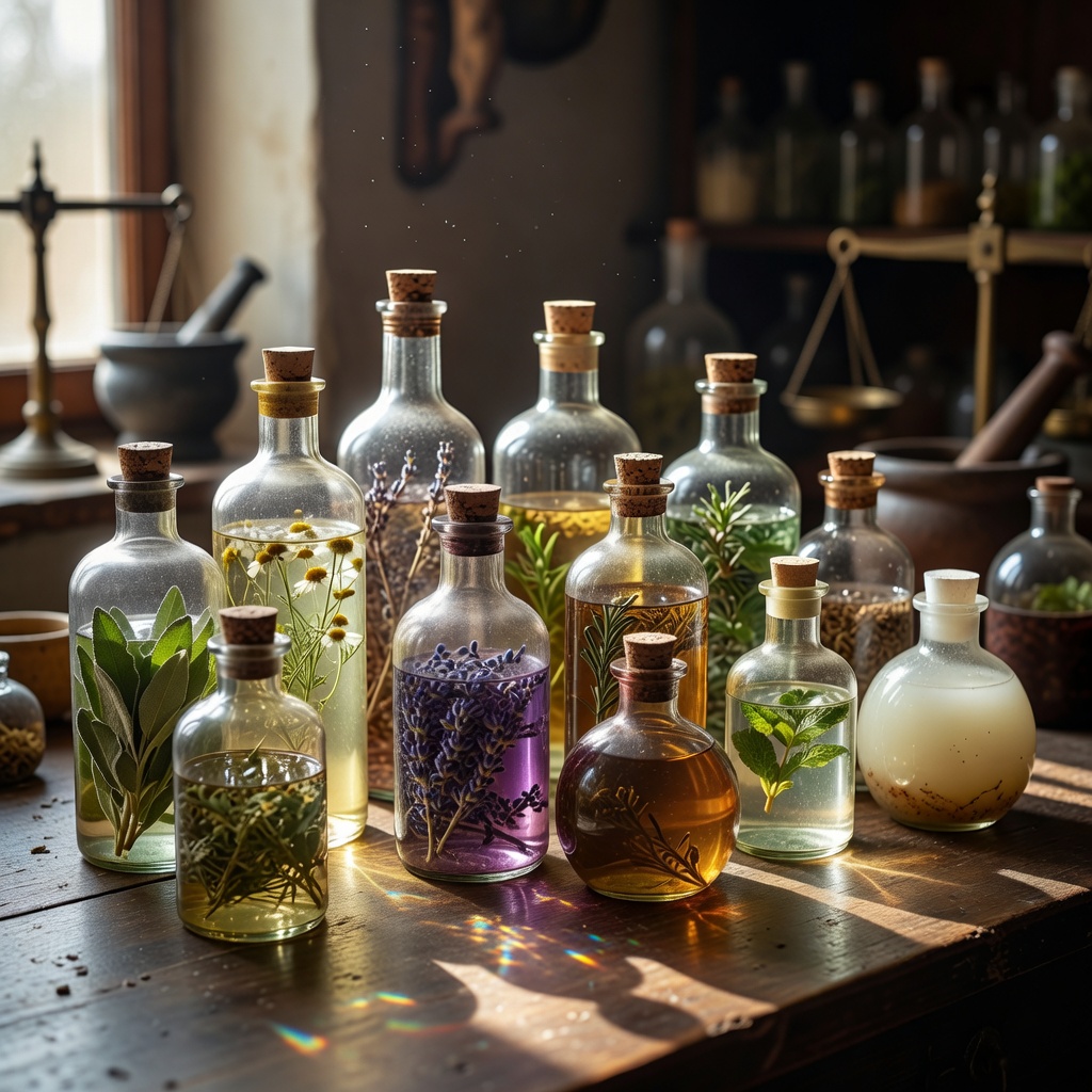 Glass apothecary bottles filled with various herbs and liquids