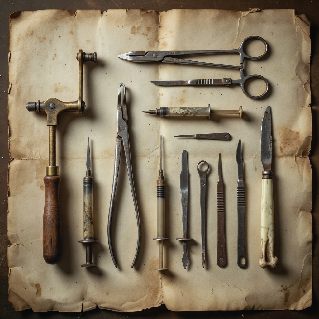 Vintage medical tools laid out on aged paper